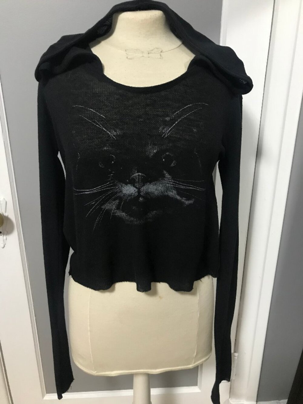 Goth Punk Emo Black Hoodie with Cat Print ONE SIZE SMALL MEDIUM LARGE Handmade